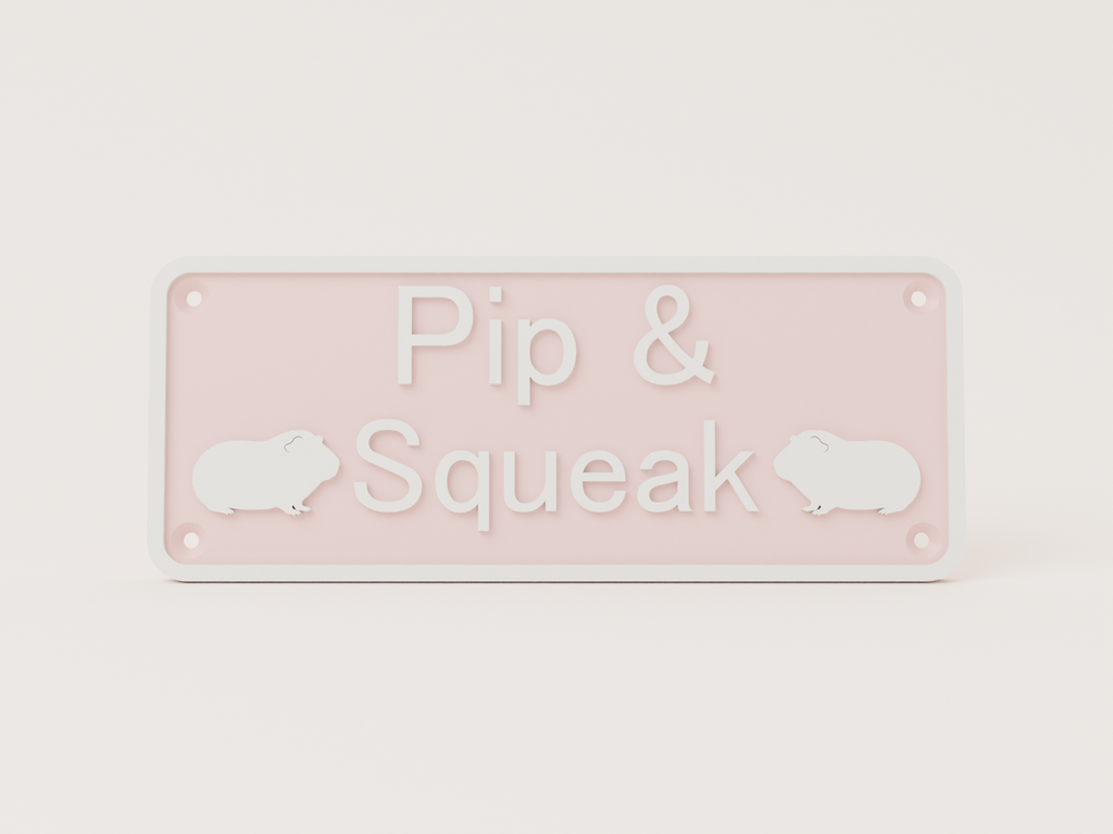 Pastel pink guinea pig house sign with white lettering reading Pip & Squeak