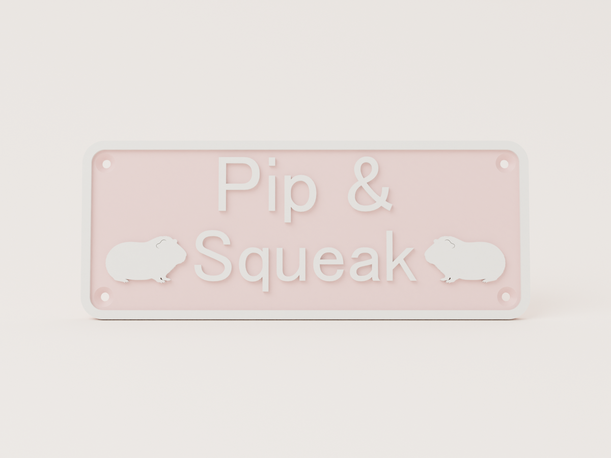 Pastel pink guinea pig house sign with white lettering reading Pip & Squeak